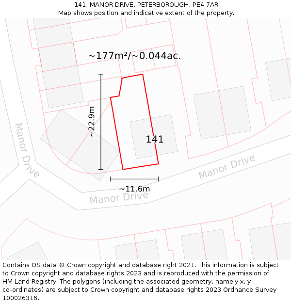 141, MANOR DRIVE, PETERBOROUGH, PE4 7AR: Plot and title map