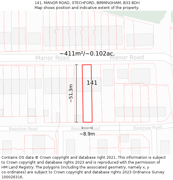 141, MANOR ROAD, STECHFORD, BIRMINGHAM, B33 8DH: Plot and title map