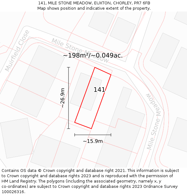 141, MILE STONE MEADOW, EUXTON, CHORLEY, PR7 6FB: Plot and title map