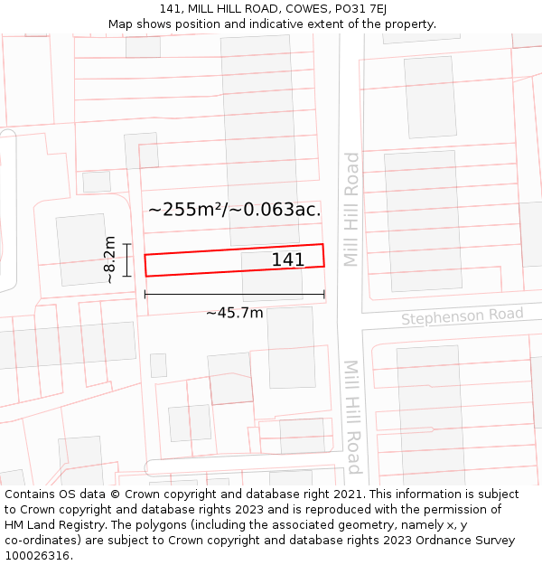 141, MILL HILL ROAD, COWES, PO31 7EJ: Plot and title map