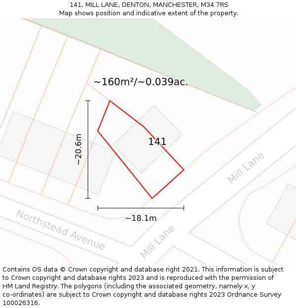 141, MILL LANE, DENTON, MANCHESTER, M34 7RS: Plot and title map