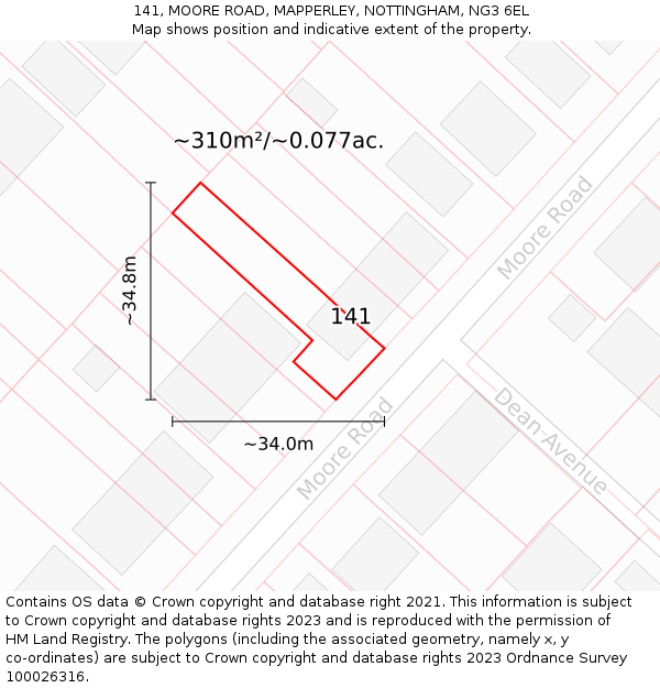 141, MOORE ROAD, MAPPERLEY, NOTTINGHAM, NG3 6EL: Plot and title map