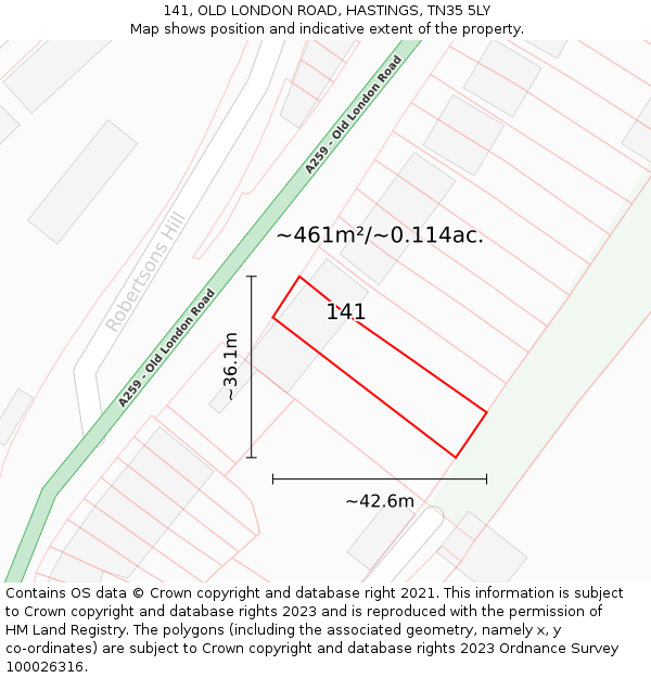 141, OLD LONDON ROAD, HASTINGS, TN35 5LY: Plot and title map