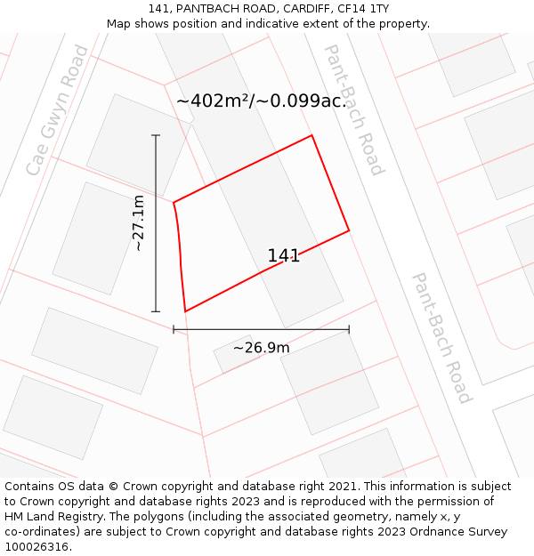 141, PANTBACH ROAD, CARDIFF, CF14 1TY: Plot and title map