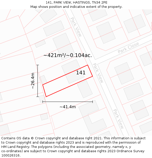 141, PARK VIEW, HASTINGS, TN34 2PE: Plot and title map