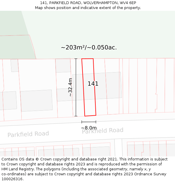 141, PARKFIELD ROAD, WOLVERHAMPTON, WV4 6EP: Plot and title map