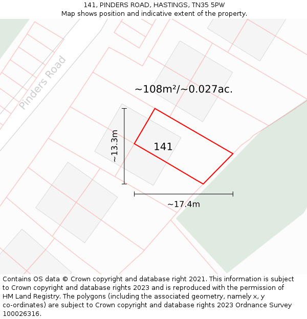141, PINDERS ROAD, HASTINGS, TN35 5PW: Plot and title map