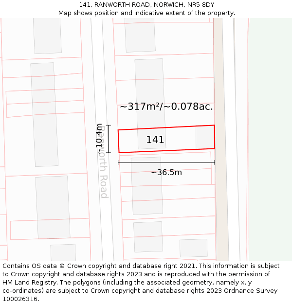 141, RANWORTH ROAD, NORWICH, NR5 8DY: Plot and title map