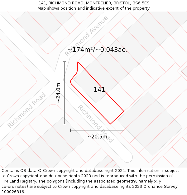 141, RICHMOND ROAD, MONTPELIER, BRISTOL, BS6 5ES: Plot and title map