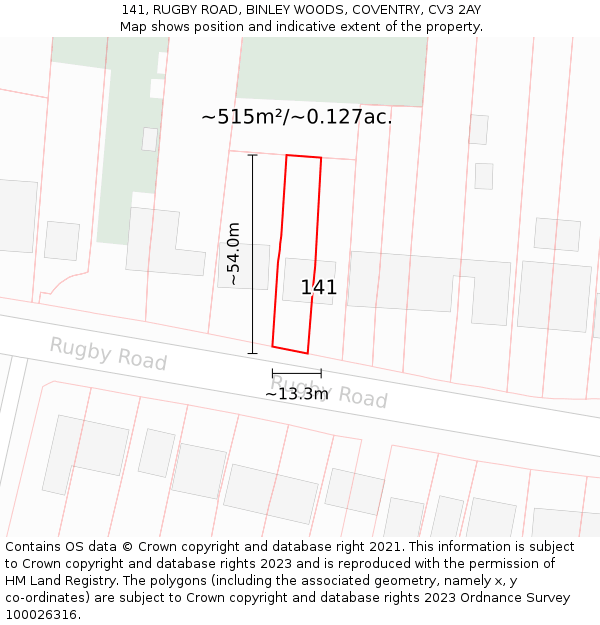 141, RUGBY ROAD, BINLEY WOODS, COVENTRY, CV3 2AY: Plot and title map