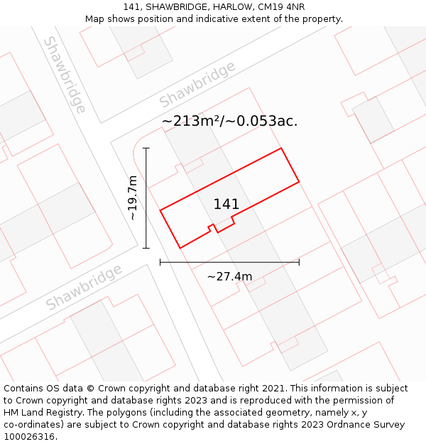 141, SHAWBRIDGE, HARLOW, CM19 4NR: Plot and title map