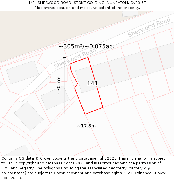 141, SHERWOOD ROAD, STOKE GOLDING, NUNEATON, CV13 6EJ: Plot and title map