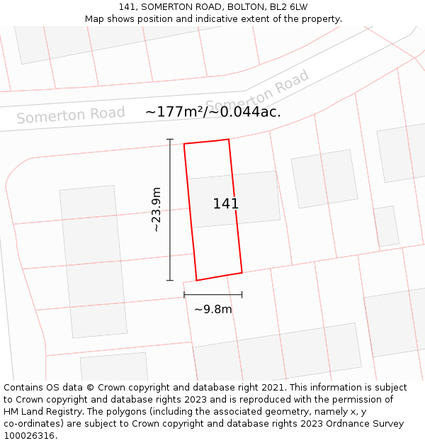 141, SOMERTON ROAD, BOLTON, BL2 6LW: Plot and title map