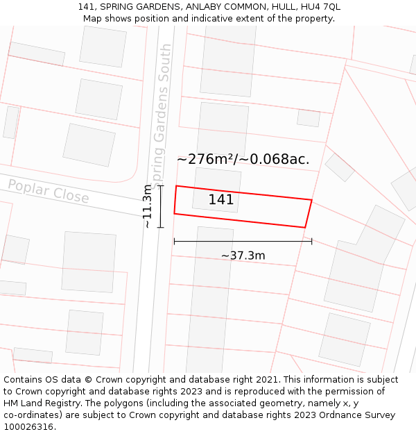 141, SPRING GARDENS, ANLABY COMMON, HULL, HU4 7QL: Plot and title map