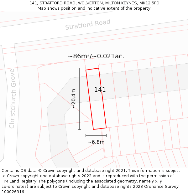 141, STRATFORD ROAD, WOLVERTON, MILTON KEYNES, MK12 5FD: Plot and title map