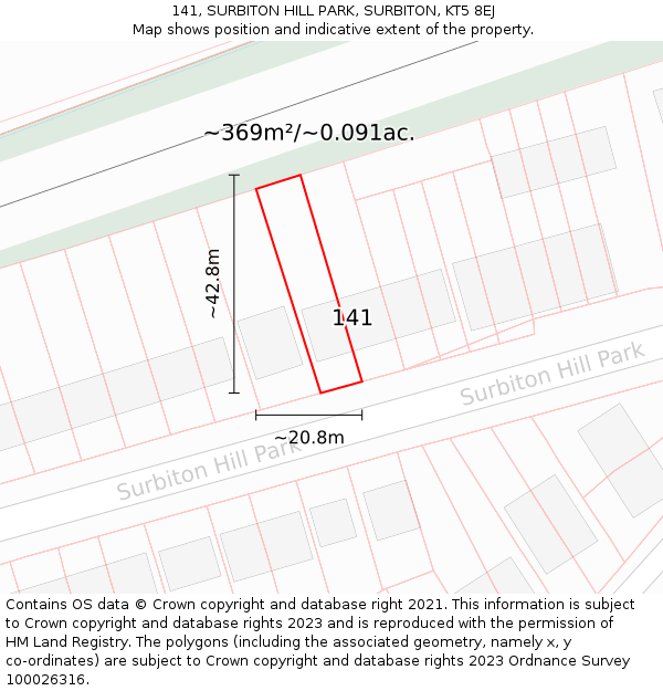141, SURBITON HILL PARK, SURBITON, KT5 8EJ: Plot and title map