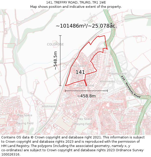 141, TREFFRY ROAD, TRURO, TR1 1WE: Plot and title map
