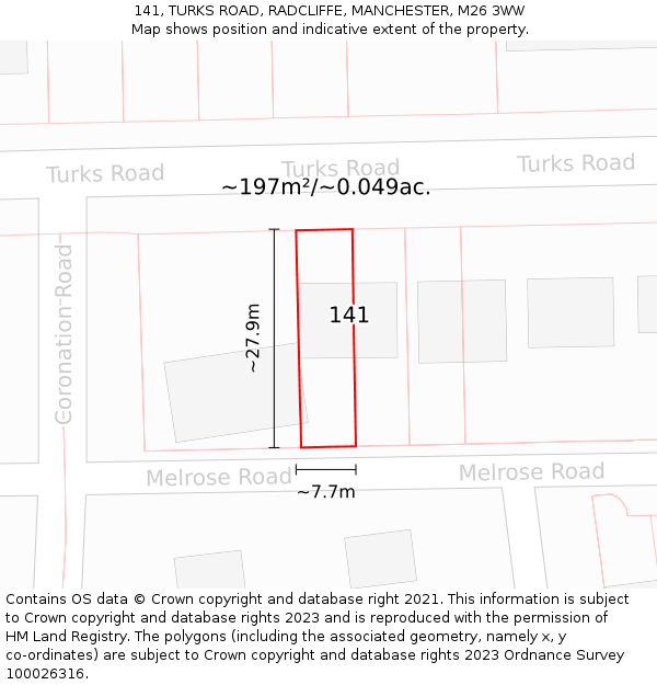 141, TURKS ROAD, RADCLIFFE, MANCHESTER, M26 3WW: Plot and title map