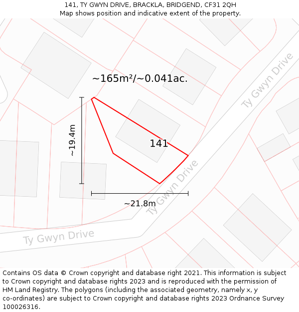141, TY GWYN DRIVE, BRACKLA, BRIDGEND, CF31 2QH: Plot and title map