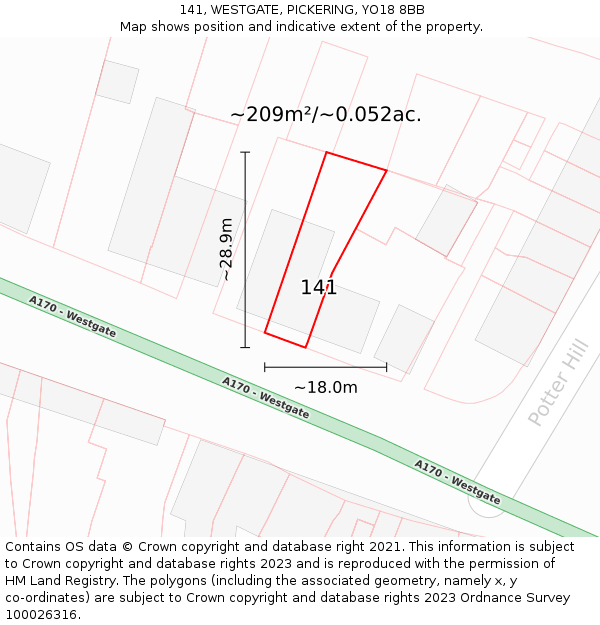 141, WESTGATE, PICKERING, YO18 8BB: Plot and title map