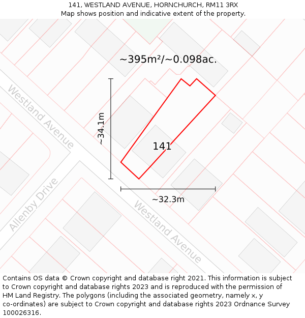 141, WESTLAND AVENUE, HORNCHURCH, RM11 3RX: Plot and title map
