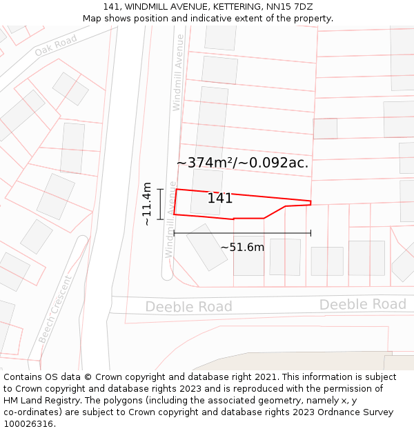 141, WINDMILL AVENUE, KETTERING, NN15 7DZ: Plot and title map