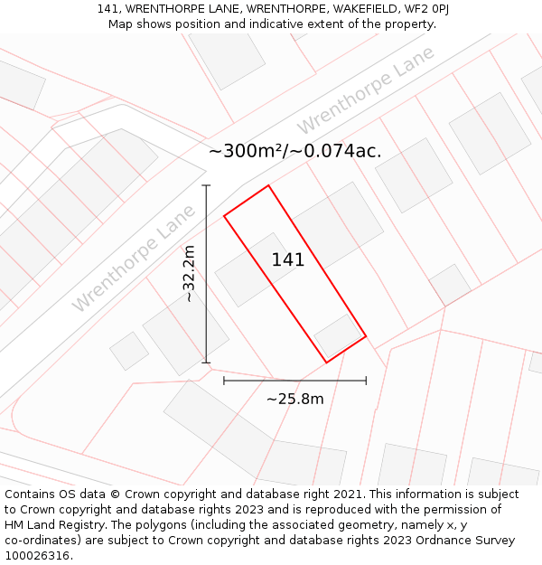 141, WRENTHORPE LANE, WRENTHORPE, WAKEFIELD, WF2 0PJ: Plot and title map