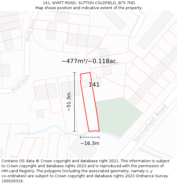 141, WYATT ROAD, SUTTON COLDFIELD, B75 7ND: Plot and title map