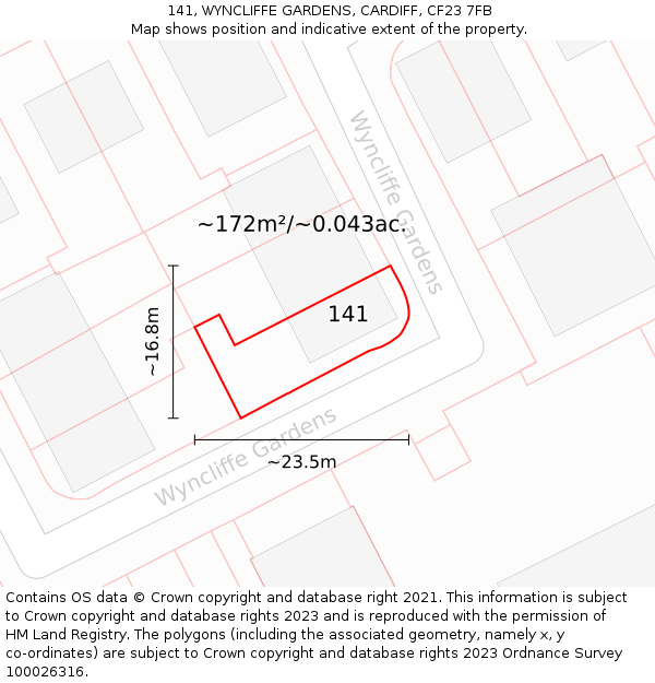 141, WYNCLIFFE GARDENS, CARDIFF, CF23 7FB: Plot and title map