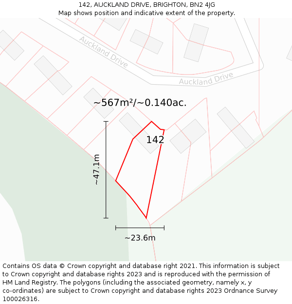 142, AUCKLAND DRIVE, BRIGHTON, BN2 4JG: Plot and title map
