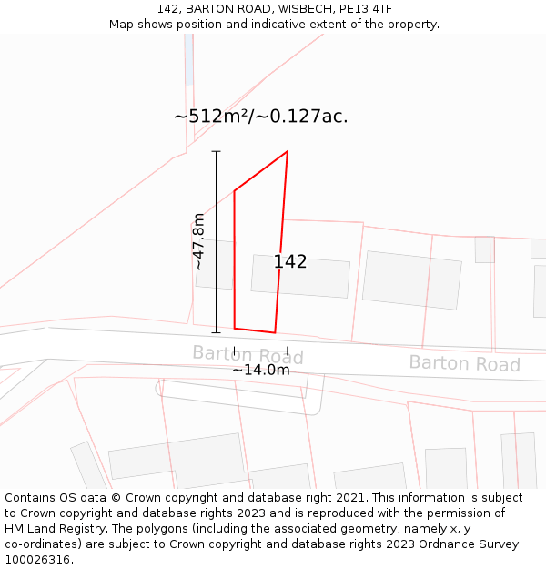 142, BARTON ROAD, WISBECH, PE13 4TF: Plot and title map
