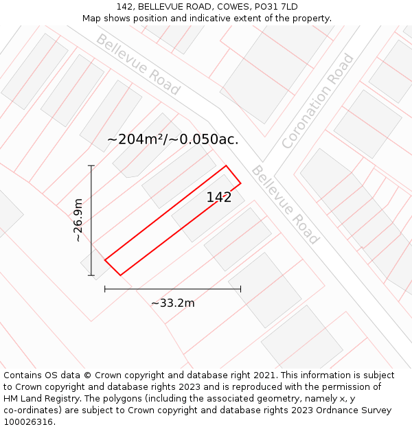 142, BELLEVUE ROAD, COWES, PO31 7LD: Plot and title map