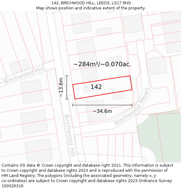 142, BIRCHWOOD HILL, LEEDS, LS17 8NS: Plot and title map