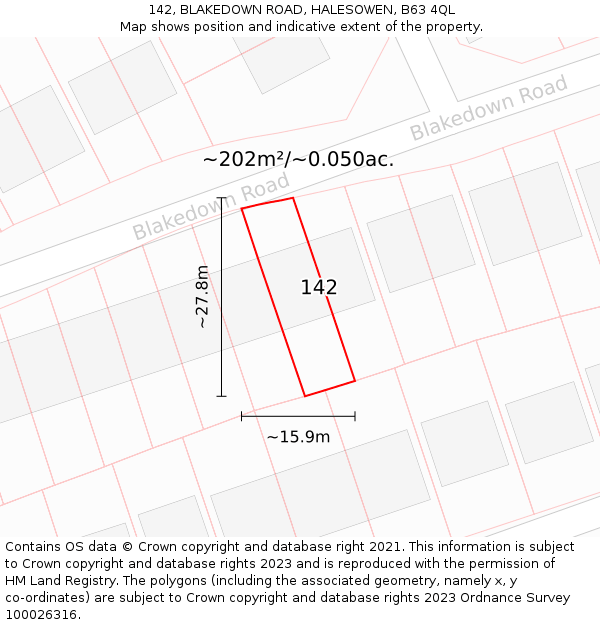 142, BLAKEDOWN ROAD, HALESOWEN, B63 4QL: Plot and title map