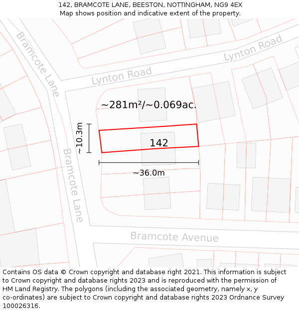 142, BRAMCOTE LANE, BEESTON, NOTTINGHAM, NG9 4EX: Plot and title map