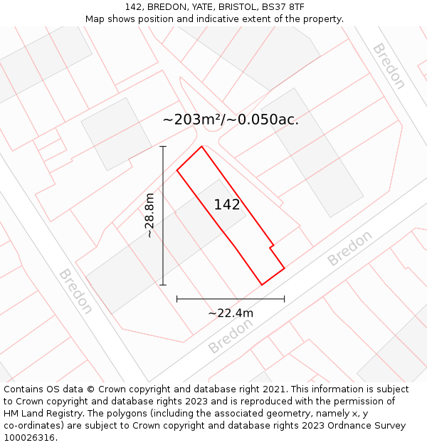 142, BREDON, YATE, BRISTOL, BS37 8TF: Plot and title map