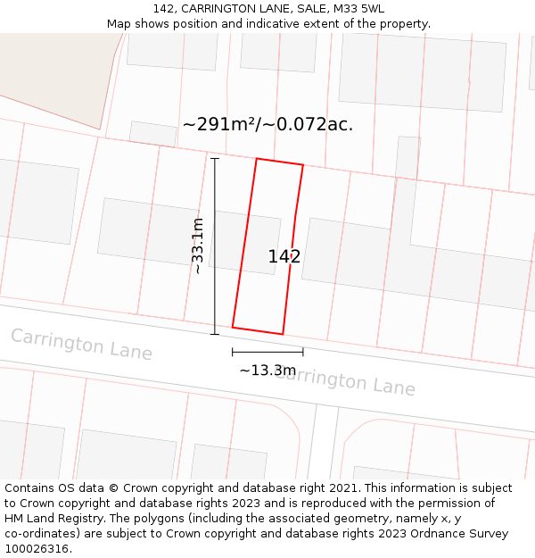 142, CARRINGTON LANE, SALE, M33 5WL: Plot and title map