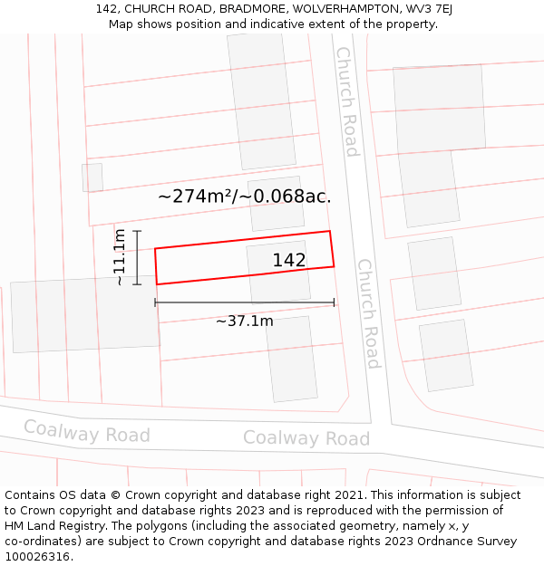 142, CHURCH ROAD, BRADMORE, WOLVERHAMPTON, WV3 7EJ: Plot and title map