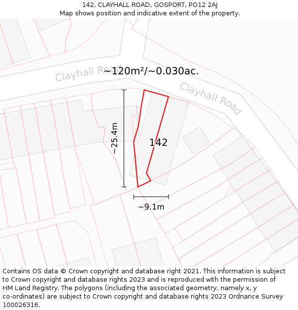 142, CLAYHALL ROAD, GOSPORT, PO12 2AJ: Plot and title map