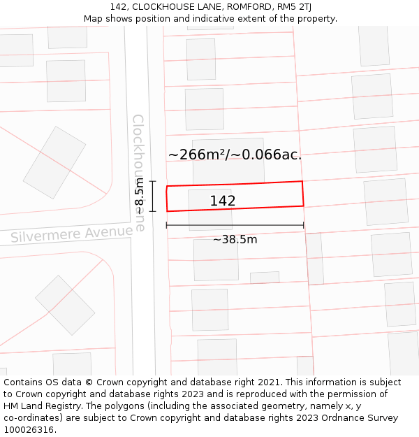 142, CLOCKHOUSE LANE, ROMFORD, RM5 2TJ: Plot and title map