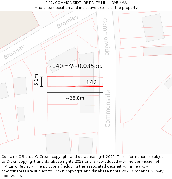 142, COMMONSIDE, BRIERLEY HILL, DY5 4AA: Plot and title map