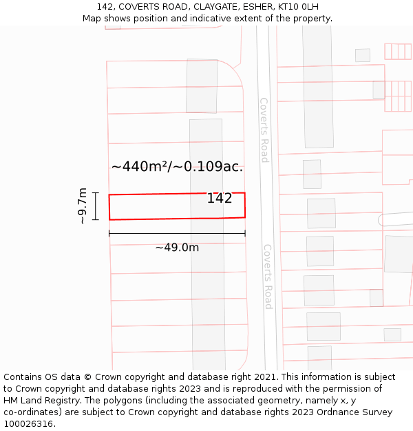 142, COVERTS ROAD, CLAYGATE, ESHER, KT10 0LH: Plot and title map