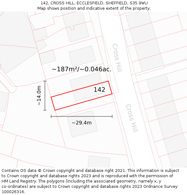 142, CROSS HILL, ECCLESFIELD, SHEFFIELD, S35 9WU: Plot and title map