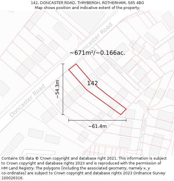 142, DONCASTER ROAD, THRYBERGH, ROTHERHAM, S65 4BG: Plot and title map