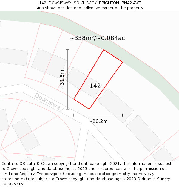 142, DOWNSWAY, SOUTHWICK, BRIGHTON, BN42 4WF: Plot and title map
