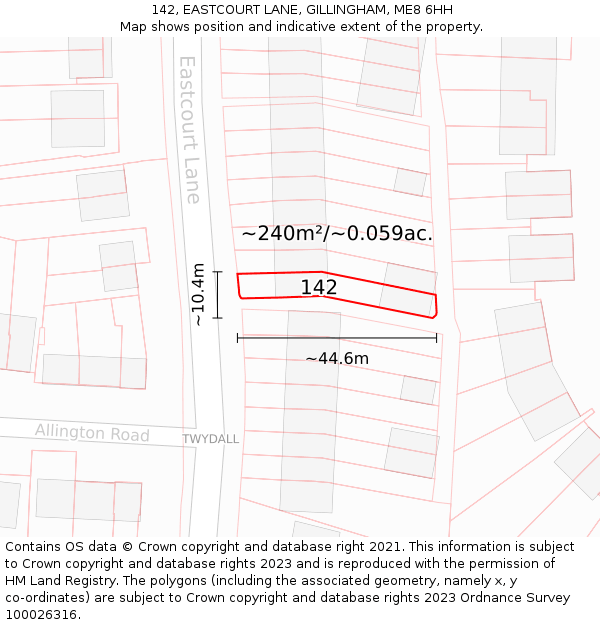 142, EASTCOURT LANE, GILLINGHAM, ME8 6HH: Plot and title map