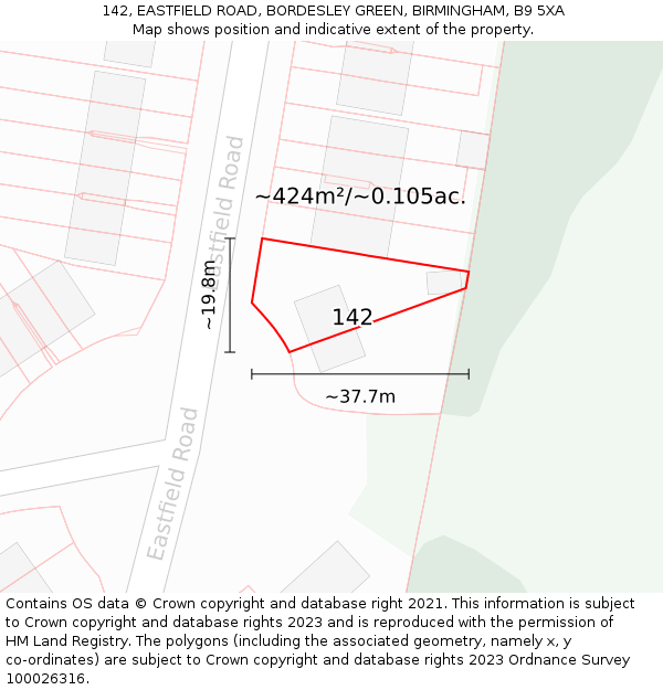 142, EASTFIELD ROAD, BORDESLEY GREEN, BIRMINGHAM, B9 5XA: Plot and title map