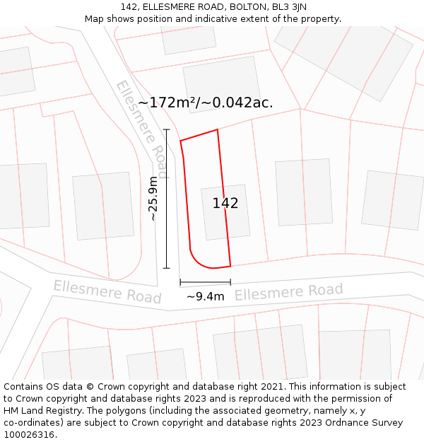 142, ELLESMERE ROAD, BOLTON, BL3 3JN: Plot and title map