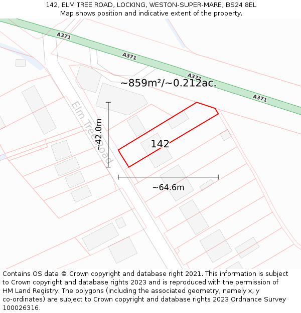 142, ELM TREE ROAD, LOCKING, WESTON-SUPER-MARE, BS24 8EL: Plot and title map