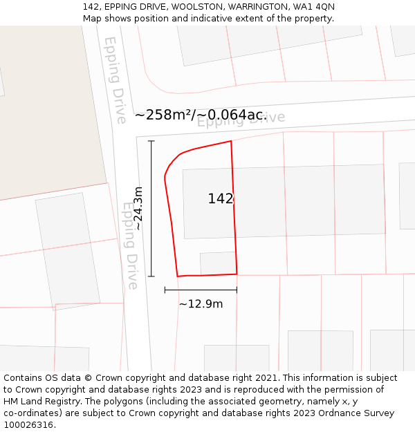 142, EPPING DRIVE, WOOLSTON, WARRINGTON, WA1 4QN: Plot and title map